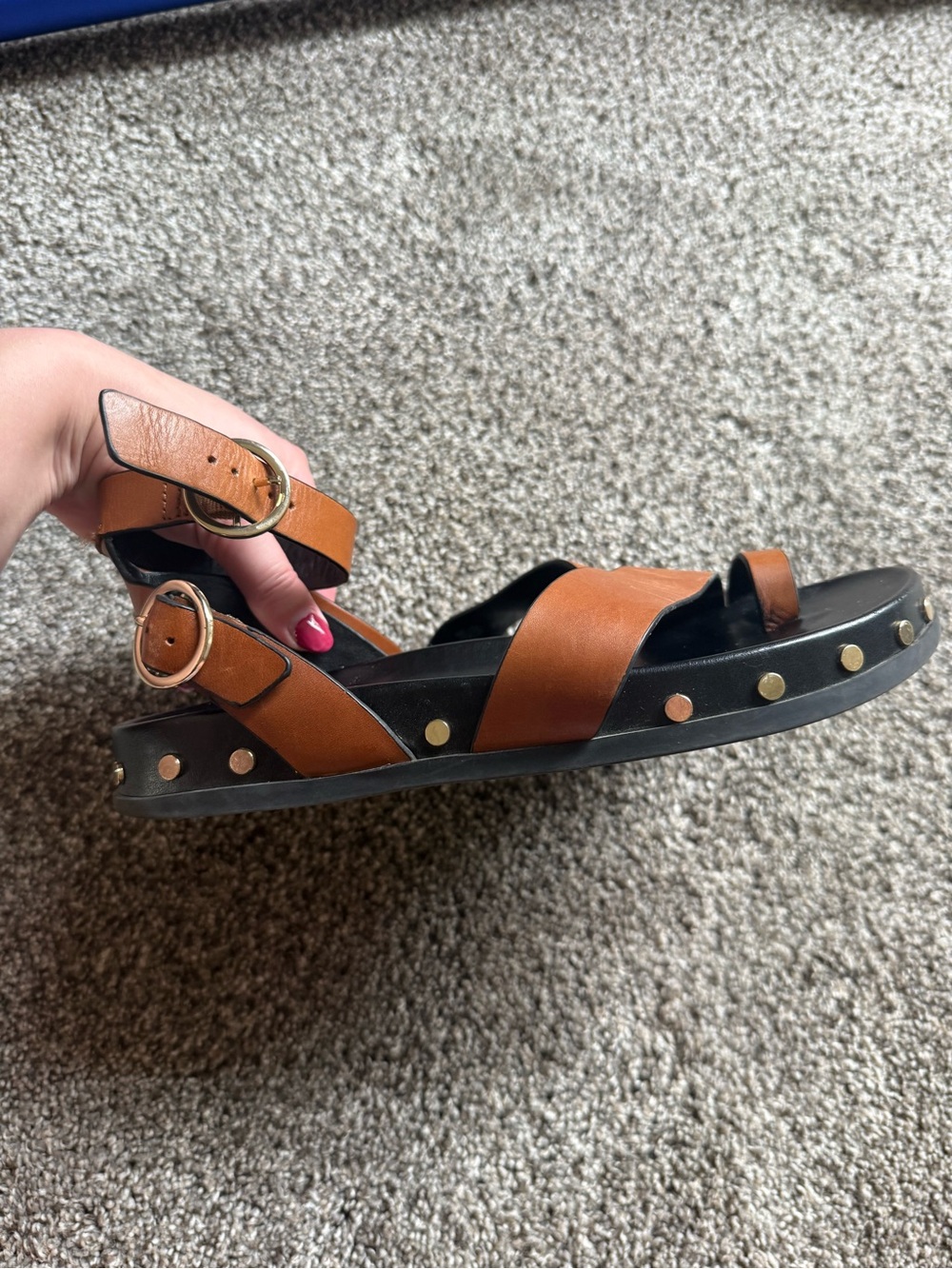 GBG Los Angeles Brown and Black Leather Strappy Wedge Sandals - Picture 2 of 3